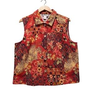 Vintage Coldwater Creek Red Orange Floral Fall Button Up Vest XL Cotton Cottage